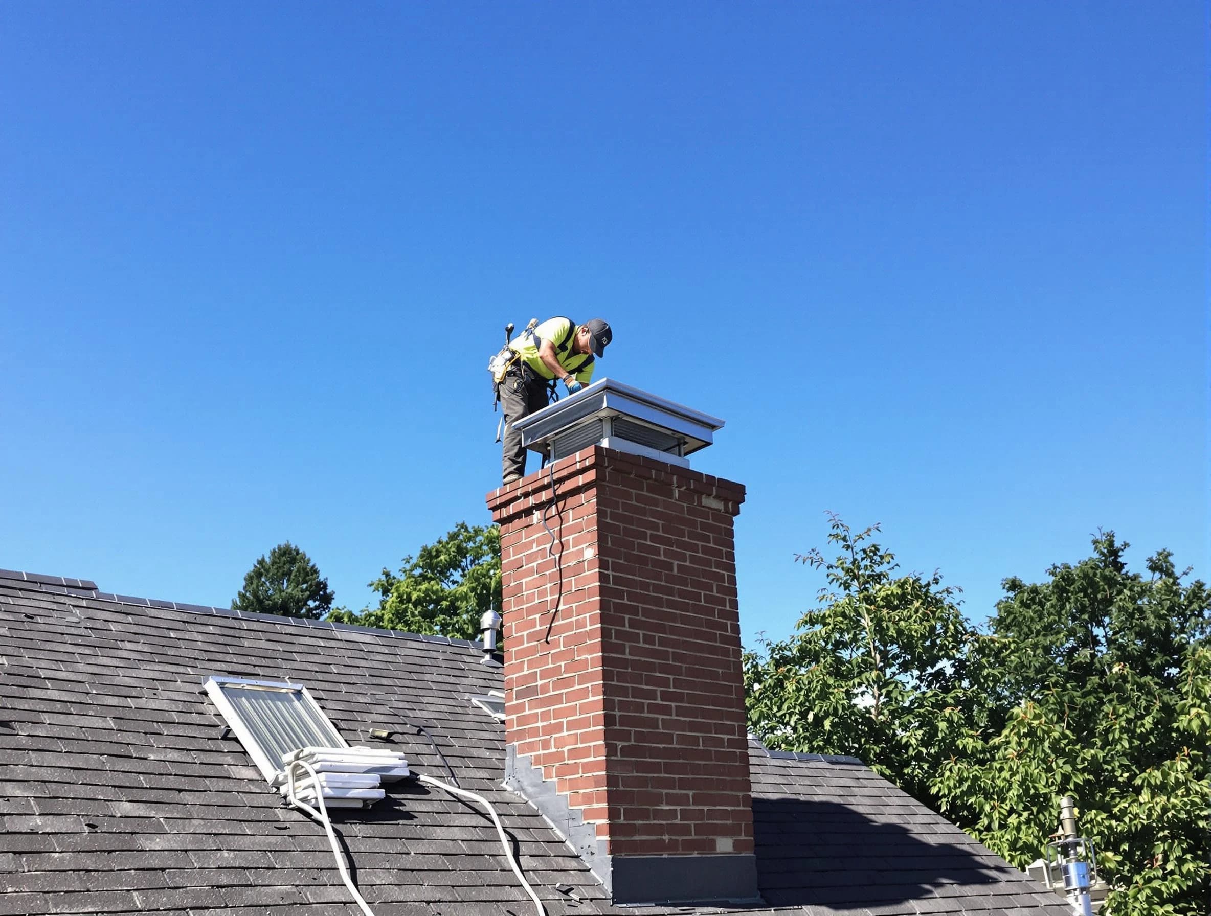 Ocean Chimney Sweep technician measuring a chimney cap in Ocean, NJ